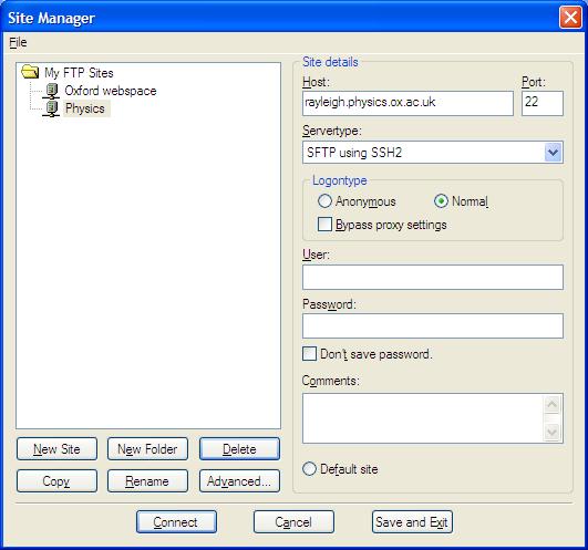 FileZilla site manager