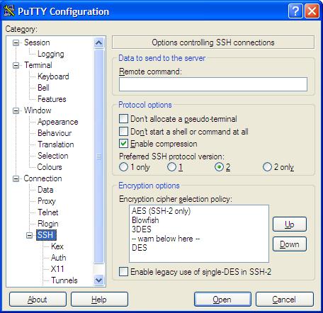 PuTTY SSH options